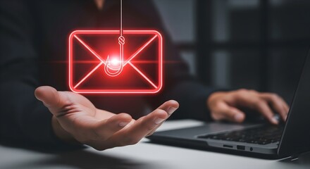 concept of email phishing, online fraud, or cyber security threats. It depicts a person's hand extended, with a glowing red holographic icon of an email envelope and a fishing hook suspended above it.