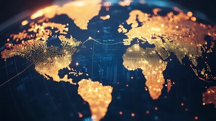 Detailed view of a glowing world map with interconnected cities and data streams in a digital landscape - Powered by Adobe