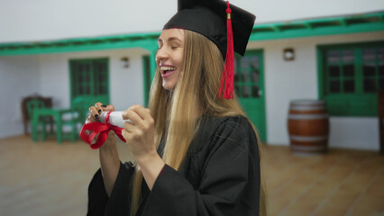 Woman celebrating graduation outdoors wearing cap and gown joyfully holding diploma with greenery...