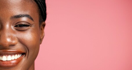 Space, happy or black woman in portrait with makeup, wellness or skincare with smile. Shine, half...