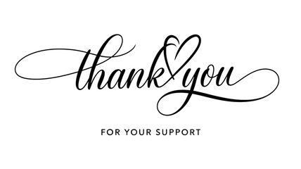 Black and white thank you message in heart calligraphy script, elegant note of appreciation design, isolated on transparent background, PNG file

