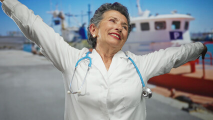 Senior woman doctor with grey hair, smiling enthusiastically in a white coat with a stethoscope,...