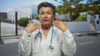 Senior woman doctor in white coat with stethoscope, gesturing outdoors in urban street, conveying...