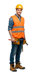 Isolated Portrait Of Young Construction Worker In Yellow Helmet On Transparent