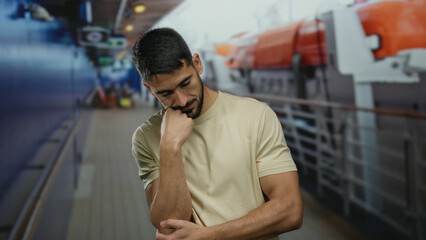 Fototapeta premium Young man in casual attire stands thoughtfully on a boat deck, with blurred lifeboats and sea in the background, embodying a contemplative mood in an outdoor seaside setting.