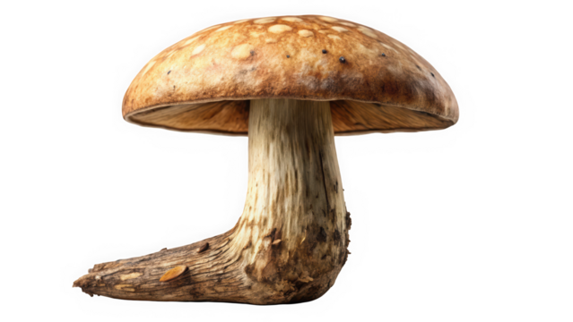 A close-up of a large, caramel-colored mushroom with a thick stem and a distinctive cap texture, showcasing nature's intricate details.