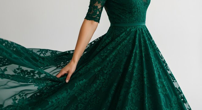 Beautiful Green Lace Dress Flowing in Motion with Floral Design - Powered by Adobe