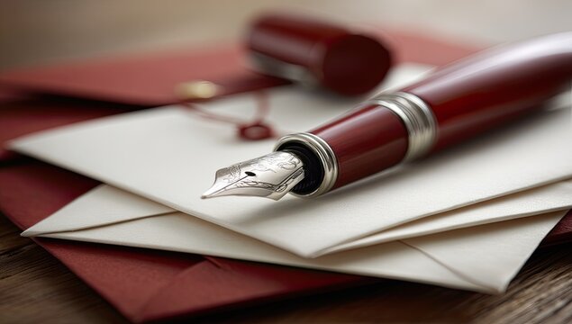 A red fountain pen rests on elegant, layered envelopes