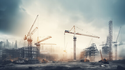 Obraz premium Large construction site with steel frameworks, cranes, concrete foundations, dusty atmosphere