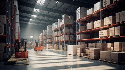 Obraz premium Large modern warehouse interior with tall shelves, forklifts, organized boxes, clean lighting, logistics industry background