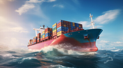 Large container ship sailing through open ocean