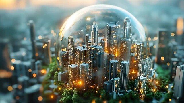 Futuristic cityscape under a protective dome, showcasing vibrant lights and greenery in the background