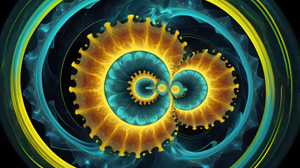 Abstract fractal burst with metallic gears and cogs forming an intricate industrial pattern