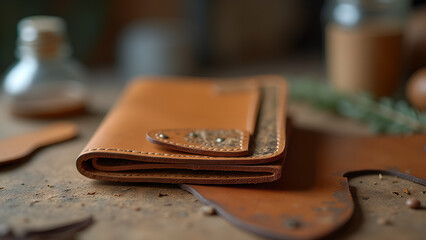 Handcrafted brown leather wallet showcasing artisanal details and rustic charm in a workshop setting ambiance