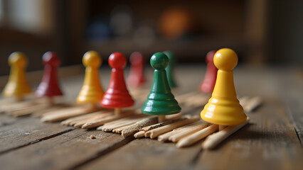 Colorful game pawns arranged on wooden sticks on a wooden table, creating an abstract composition emphasizing strategy