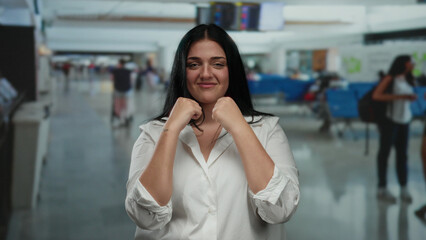 Young woman shadowboxing confidently in airport terminal indoor with blurred background showing...