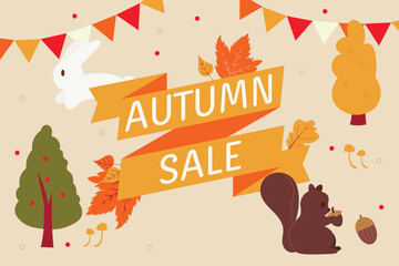 Autumn Sale Banner with Forest Animals and Fall Leaves