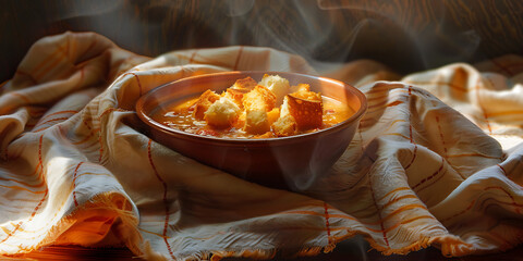 Steaming Hot Soup in Rustic Bowl on Textured Cloth

