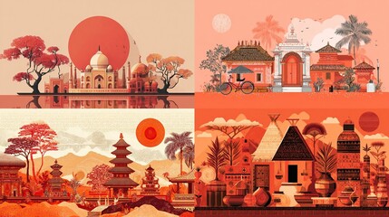Four vibrant panels showcasing stylized travel art, each depicting diverse locations with warm, sunset hues