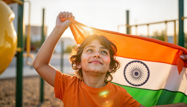 Cheerful child waving Indian flag in playground, celebration of culture - Powered by Adobe