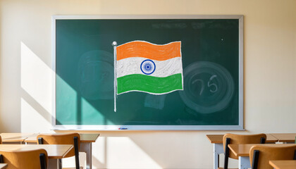 Chalk drawing of Indian flag in classroom, national pride
