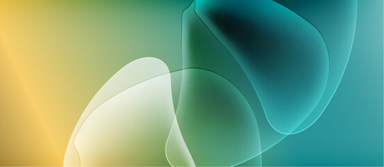 Abstract fluid shapes blend, creating soft gradients. Colors transition from yellow to green, then teal. Smooth curves suggest movement, light interplay.