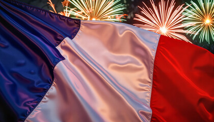 Vibrant French flag waving with fireworks in urban celebration, national pride