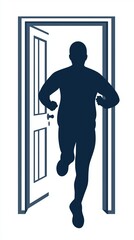 Escape exit minimalist. Silhouette of a person running through an open door, symbolizing escape, freedom, or urgency.