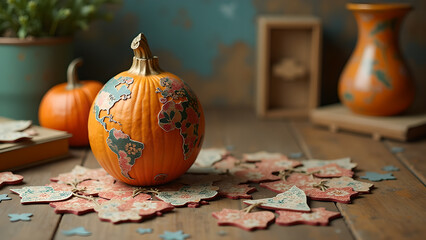 Global harvest a pumpkin adorned with a world map celebrating autumn's abundance and earth's beauty