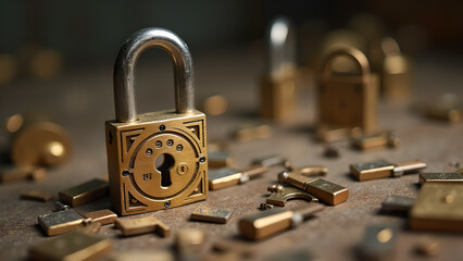 A collection of vintage locks and keys scattered across a surface symbolizing safety and security
