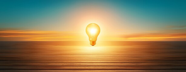 Escape exit minimalist. A glowing light bulb floats above a calm ocean at sunset, symbolizing ideas, innovation, and inspiration.
