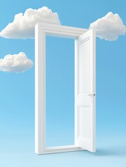 Escape exit minimalist. A white door opens in mid-air against a blue sky, revealing fluffy white clouds, symbolizing freedom, opportunity, and imagination.