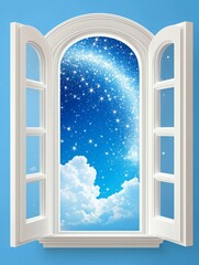 Escape exit minimalist. A white open window reveals a vibrant blue sky filled with fluffy clouds and a sparkling trail of stars, blending day and night in a surreal scene.