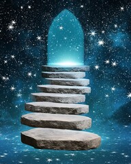 Escape exit minimalist. A surreal floating stone staircase ascends into a starry cosmic sky, leading to a glowing arched doorway filled with radiant blue light.