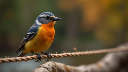 Vibrant male Collared Flycatcher perched gracefully on a rustic rope with blurred background showcasing nature's beauty