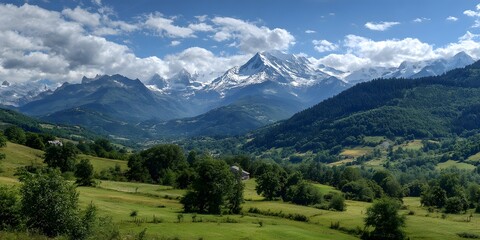 Obraz premium Breathtaking alpine mountain landscape with green valleys and snow-capped peaks under blue sky