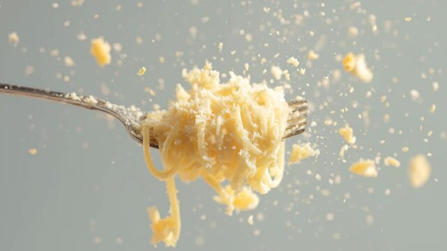 close up of pasta on fork with cheese, tomatoes sauce, oil
