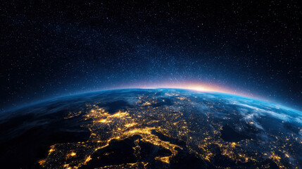 Obraz premium This breathtaking image captures Earth from space, showcasing illuminated cities beneath a blanket of stars.