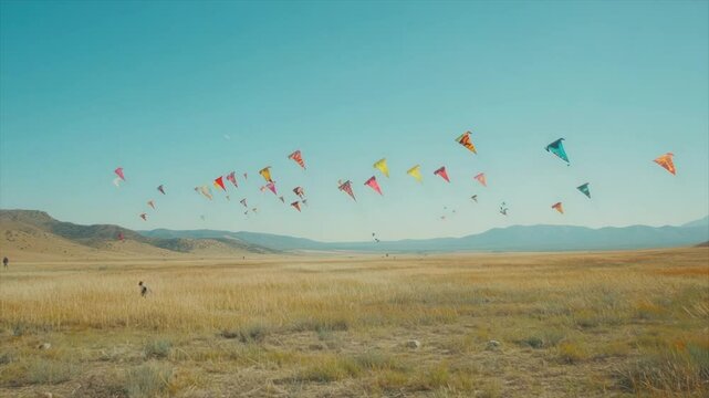 Colorful kites soar across a vast, golden field under a clear blue sky