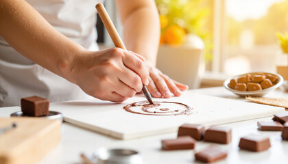 Child's hands drawing with melted chocolate in bright kitchen, creativity