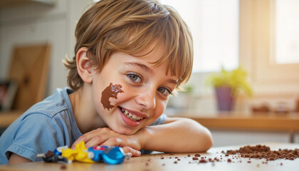 Joyful young boy with chocolate smudges in a kitchen, childhood innocence