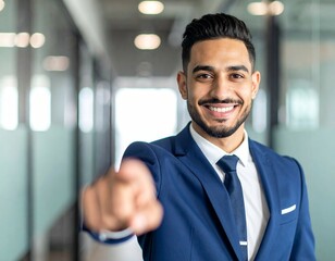Fototapeta premium A happy smiling male businessman in a suit points forward in front