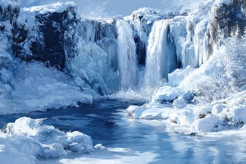 Icy waterfall cascading into a frozen stream