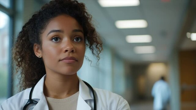 A young female doctor with eyes closed, standing in a hospital hallway, appearing tired or stressed