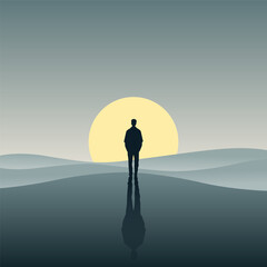 Illustration Design of a Man Standing Looking at the Moon