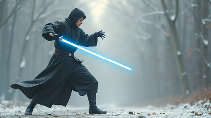 A skilled fighter wielding a glowing sword poses heroically in a misty winter forest landscape displaying power