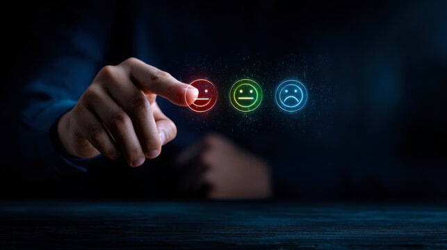 A hand reaches towards three holographic emoticons?happy, neutral, and sad?symbolizing emotional feedback in a digital age, highlighting the importance of user experience and sentiment analysis.