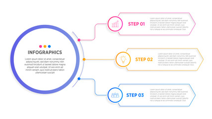 Three rectangular frames with arrows placed in horizontal row. Concept of 3 steps of strategic process. Modern flat infographic design template. Simple vector illustration for presentation.