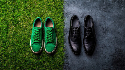 Explore the contrast between casual green sneakers and formal black dress shoes, highlighting the versatility and distinct purposes each style serves in modern fashion.