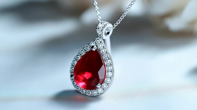Elegant red gemstone pendant necklace with sparkling diamond accents on silver chain